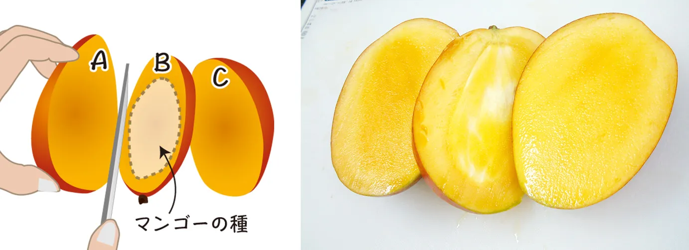マンゴーを3つの部分にわけます。